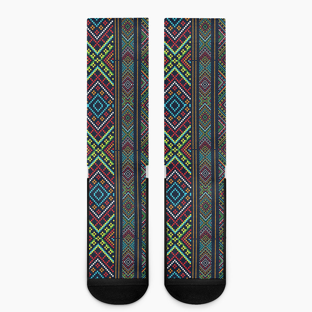 Pixel Ethnic Pattern Print Crew Socks