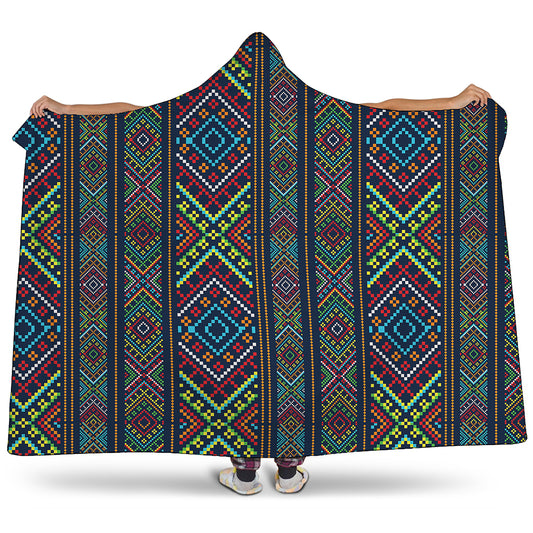 Pixel Ethnic Pattern Print Hooded Blanket