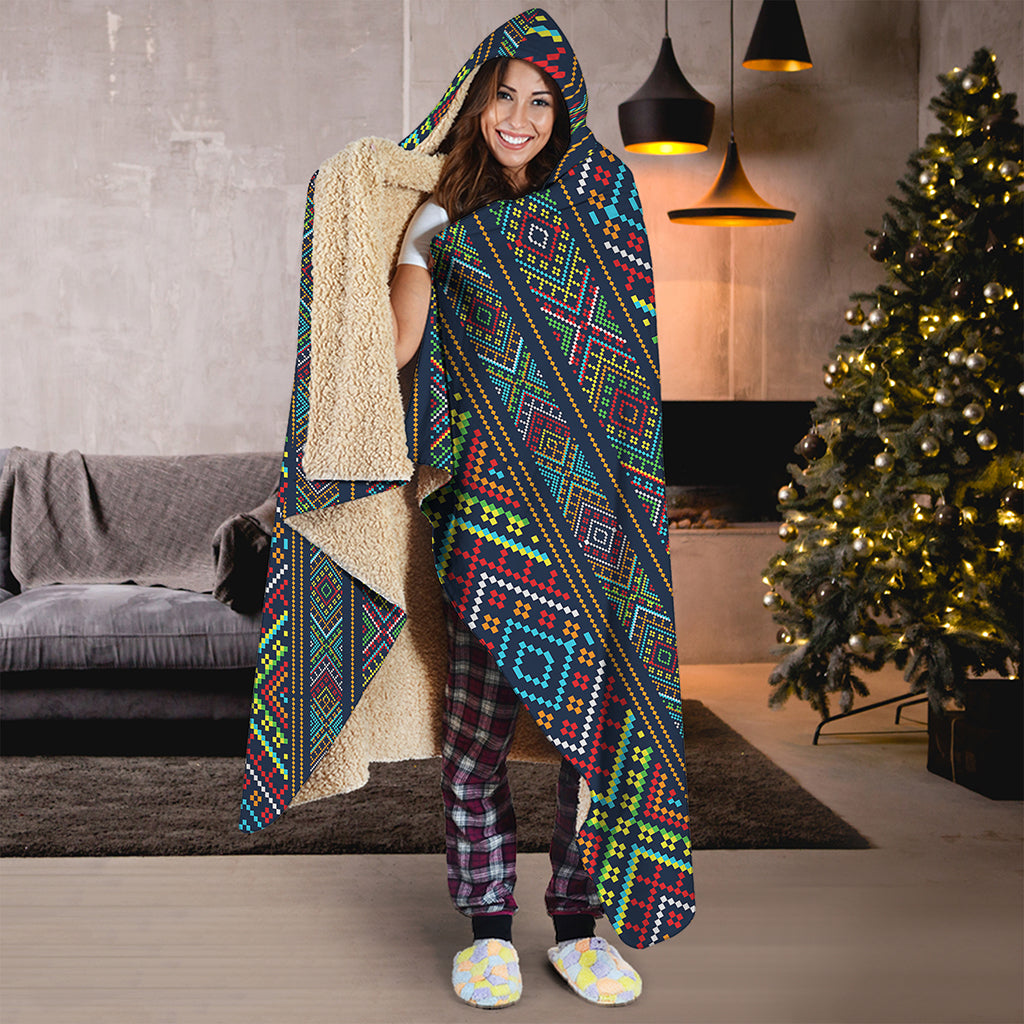 Pixel Ethnic Pattern Print Hooded Blanket