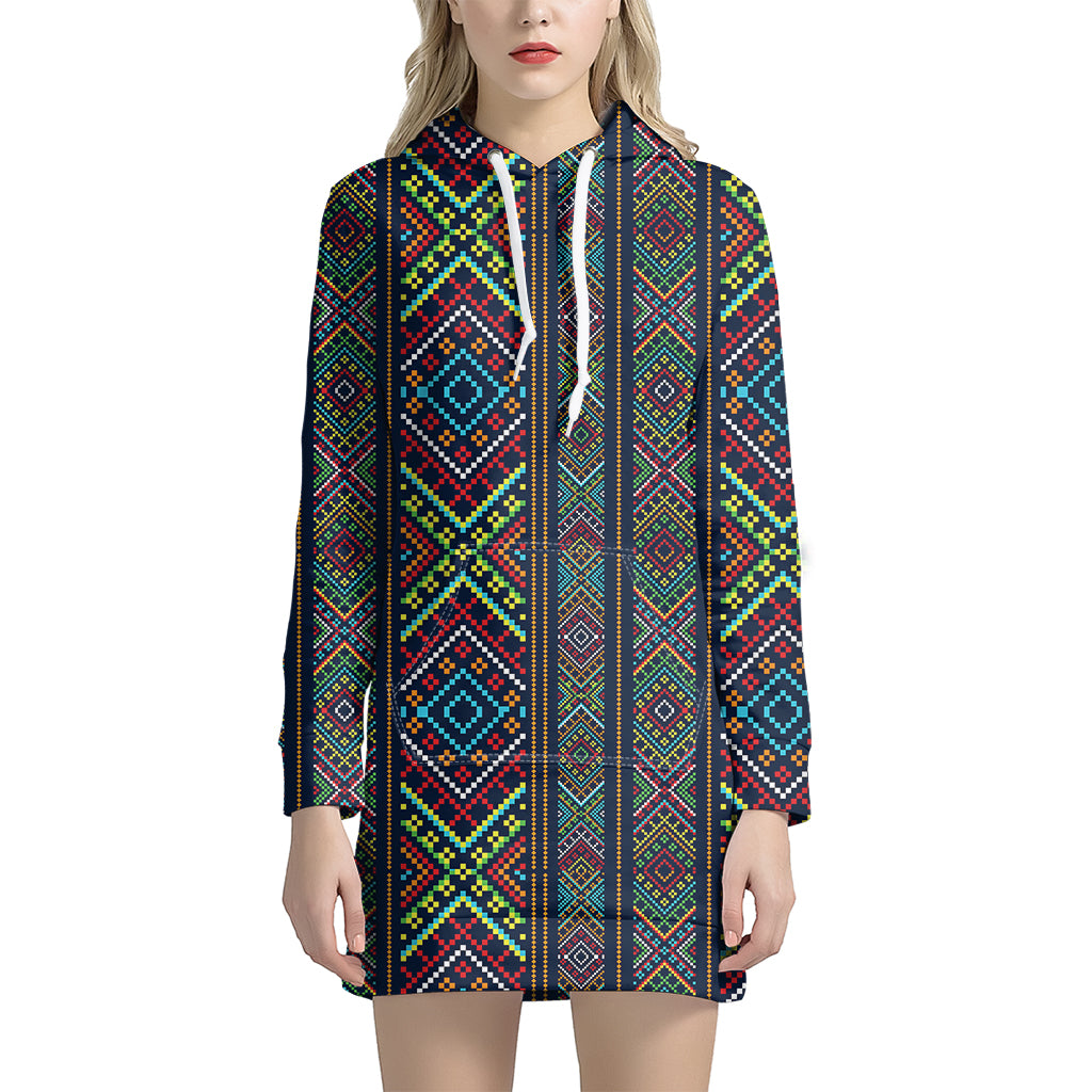 Pixel Ethnic Pattern Print Hoodie Dress