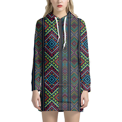 Pixel Ethnic Pattern Print Hoodie Dress