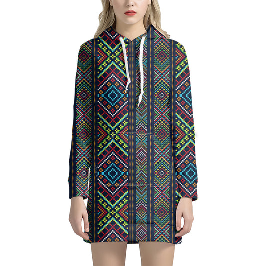 Pixel Ethnic Pattern Print Hoodie Dress