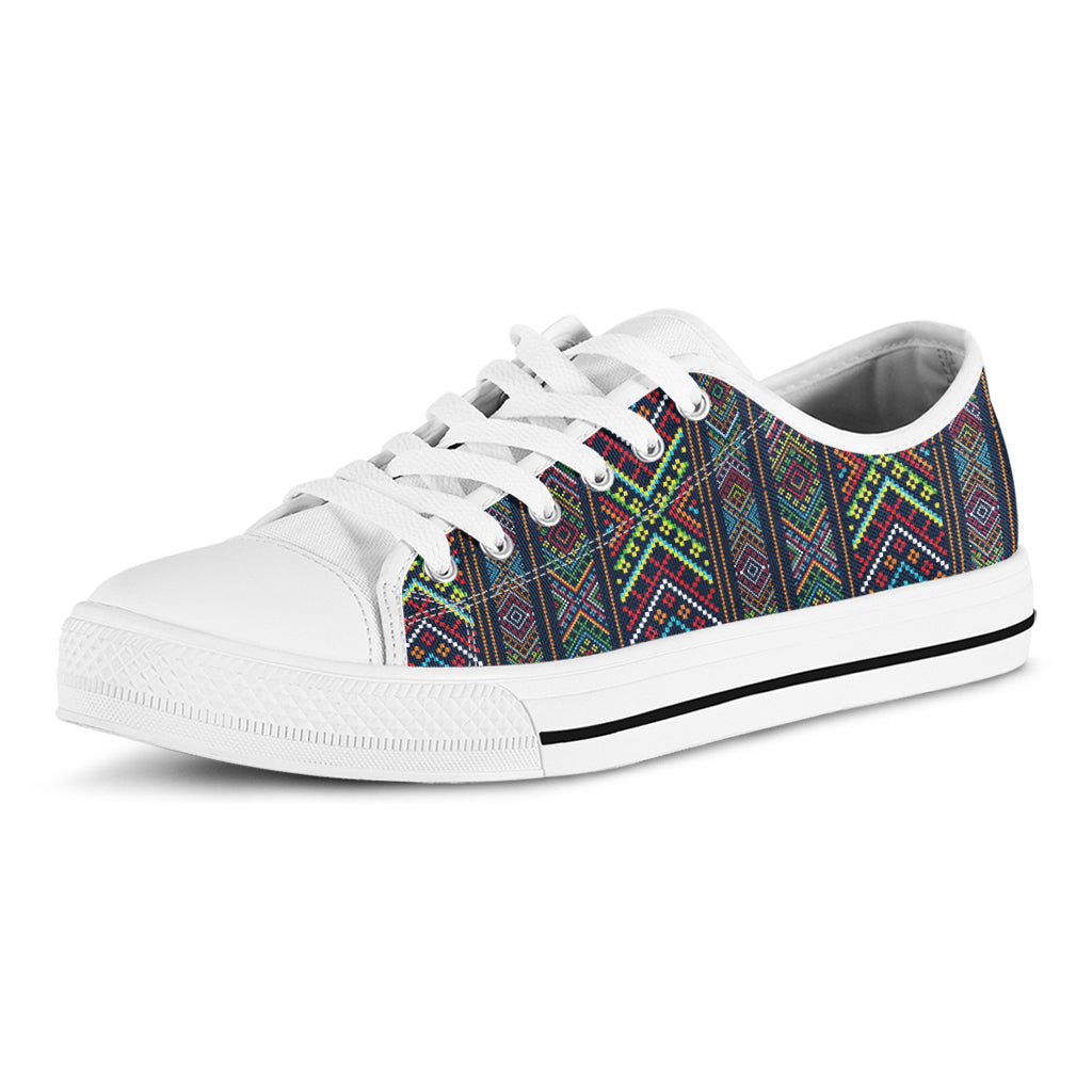 Pixel Ethnic Pattern Print White Low Top Shoes