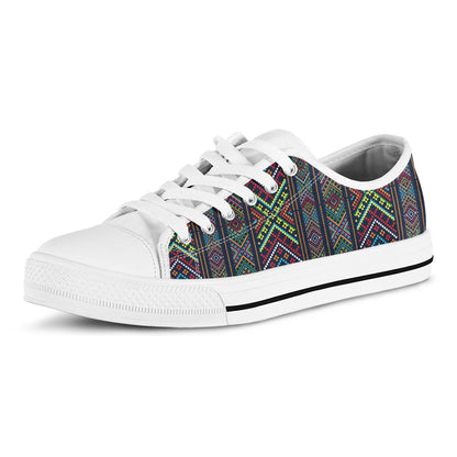 Pixel Ethnic Pattern Print White Low Top Shoes