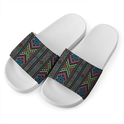Pixel Ethnic Pattern Print White Slide Sandals
