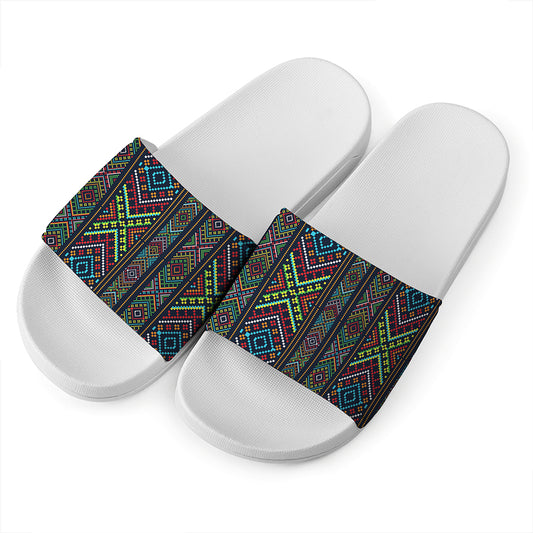 Pixel Ethnic Pattern Print White Slide Sandals