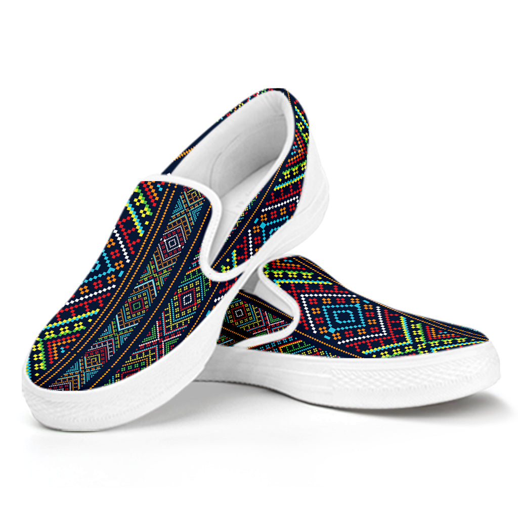 Pixel Ethnic Pattern Print White Slip On Shoes