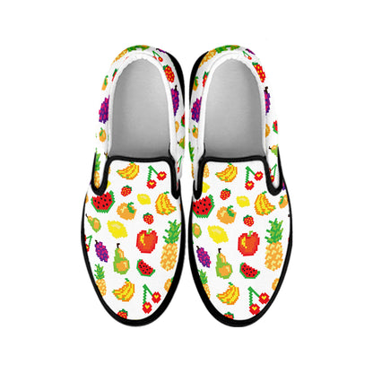 Pixel Fruits Pattern Print Black Slip On Shoes