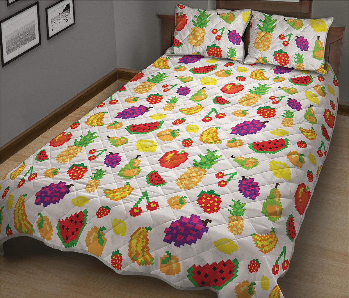 Pixel Fruits Pattern Print Quilt Bed Set