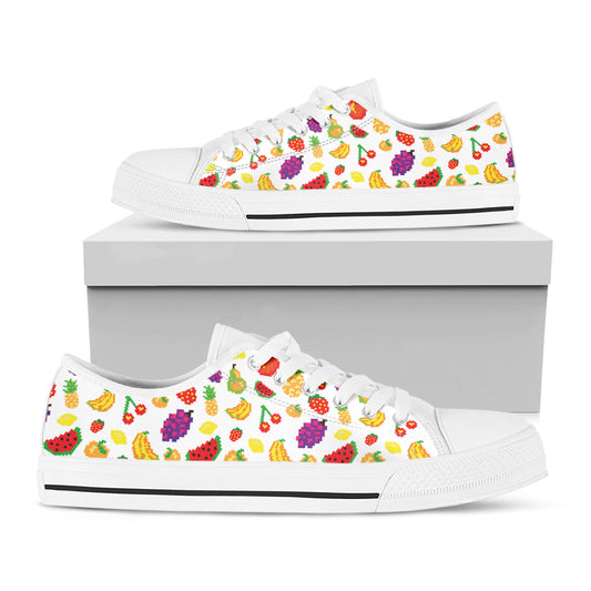 Pixel Fruits Pattern Print White Low Top Shoes