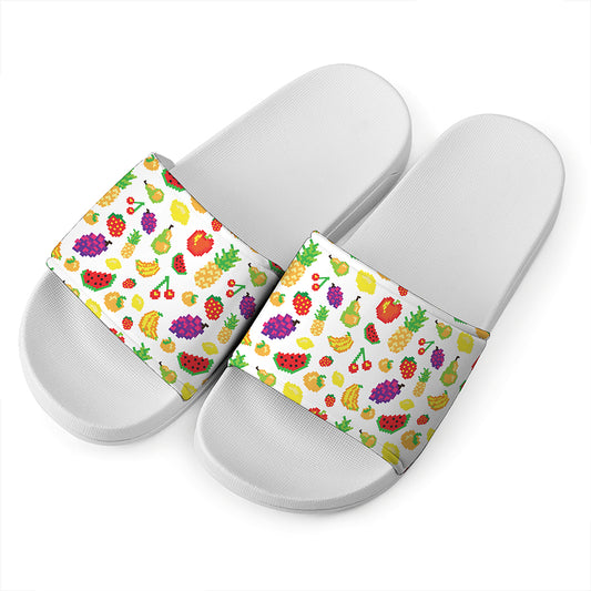Pixel Fruits Pattern Print White Slide Sandals