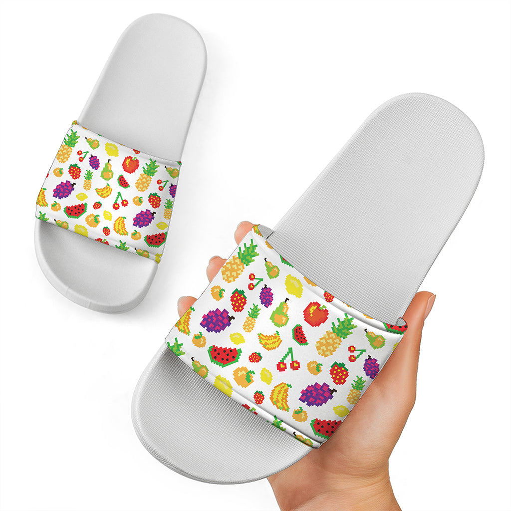 Pixel Fruits Pattern Print White Slide Sandals