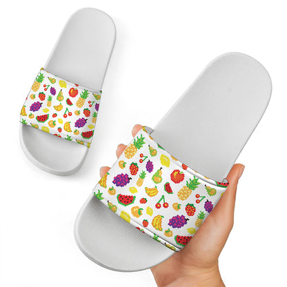 Pixel Fruits Pattern Print White Slide Sandals