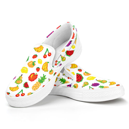 Pixel Fruits Pattern Print White Slip On Shoes
