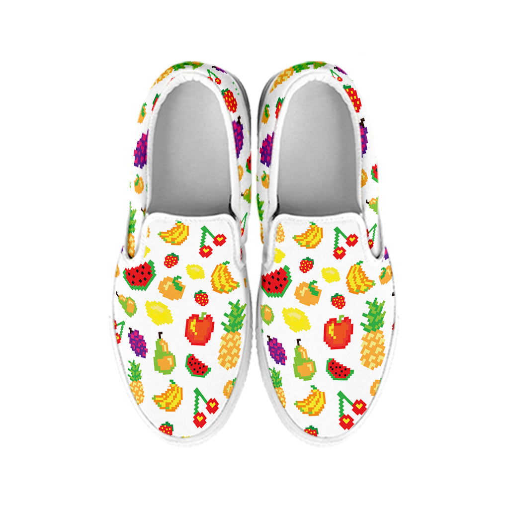 Pixel Fruits Pattern Print White Slip On Shoes