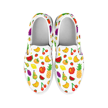 Pixel Fruits Pattern Print White Slip On Shoes