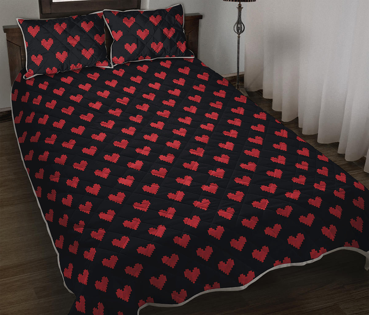 Pixel Heart Pattern Print Quilt Bed Set