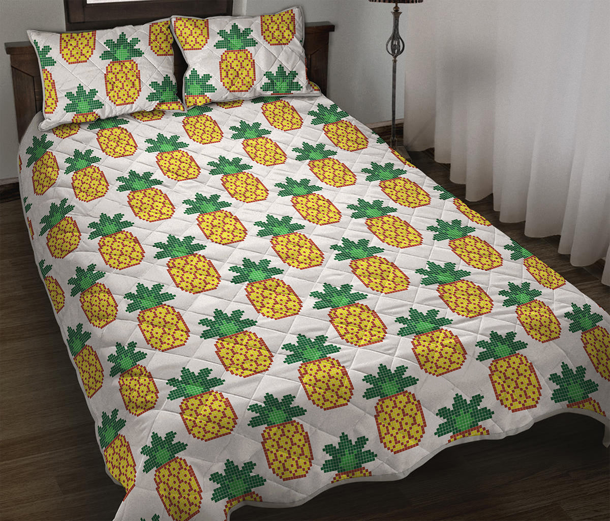 Pixel Pineapple Pattern Print Quilt Bed Set