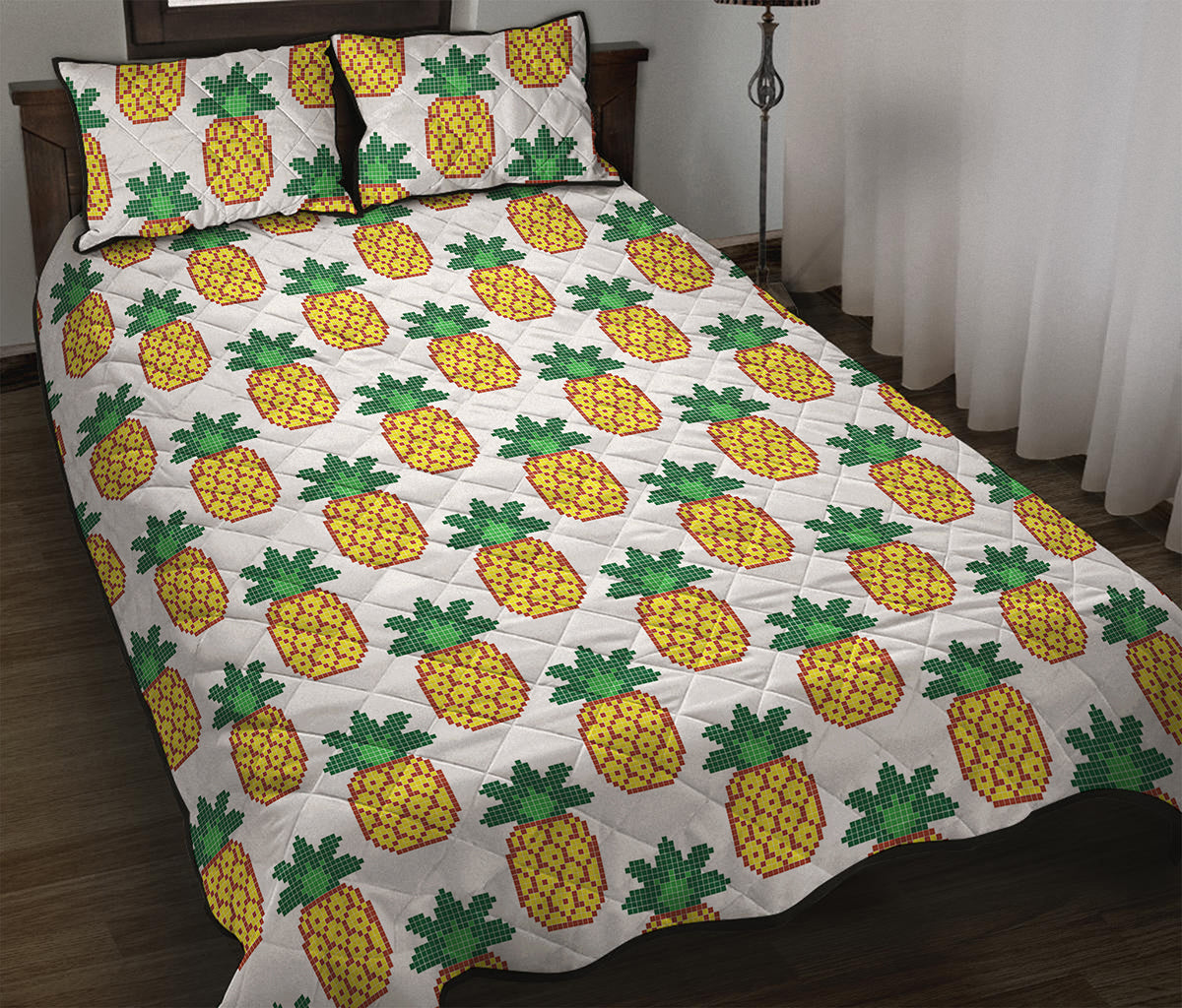 Pixel Pineapple Pattern Print Quilt Bed Set