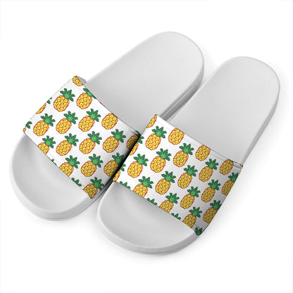 Pixel Pineapple Pattern Print White Slide Sandals