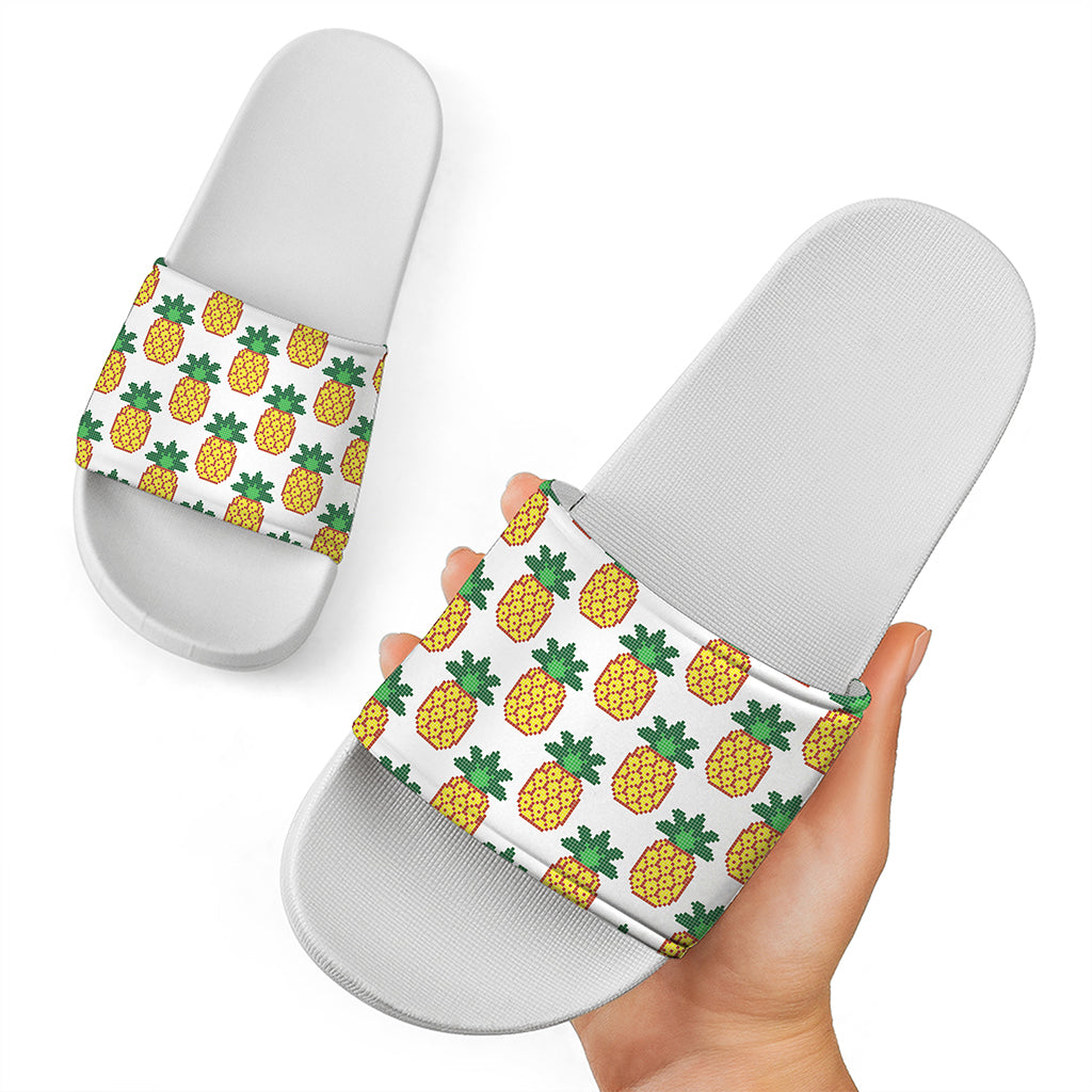 Pixel Pineapple Pattern Print White Slide Sandals