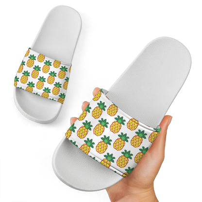 Pixel Pineapple Pattern Print White Slide Sandals
