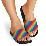 Pixel Rainbow Pattern Print Black Slide Sandals
