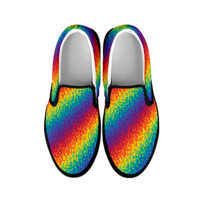 Pixel Rainbow Pattern Print Black Slip On Shoes