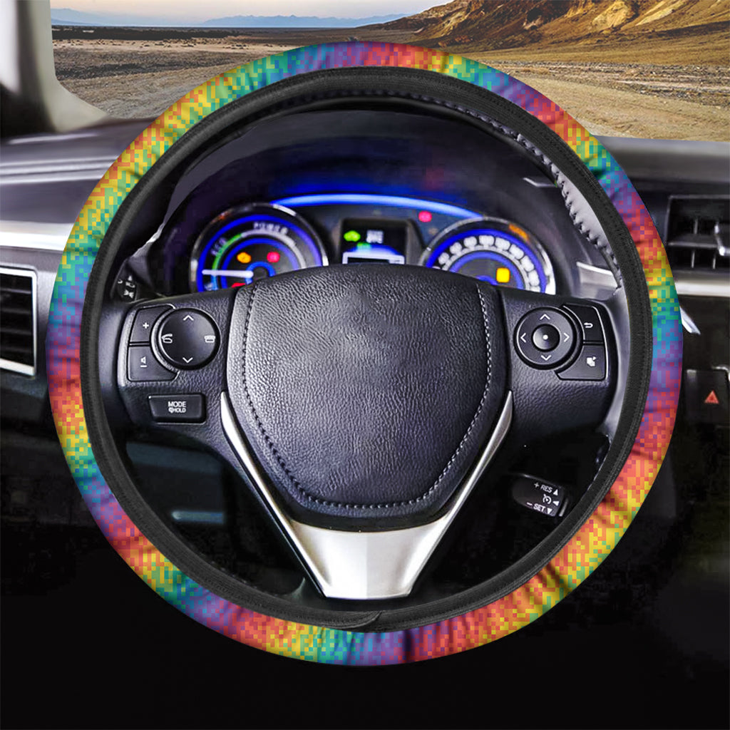 Pixel Rainbow Pattern Print Car Steering Wheel Cover
