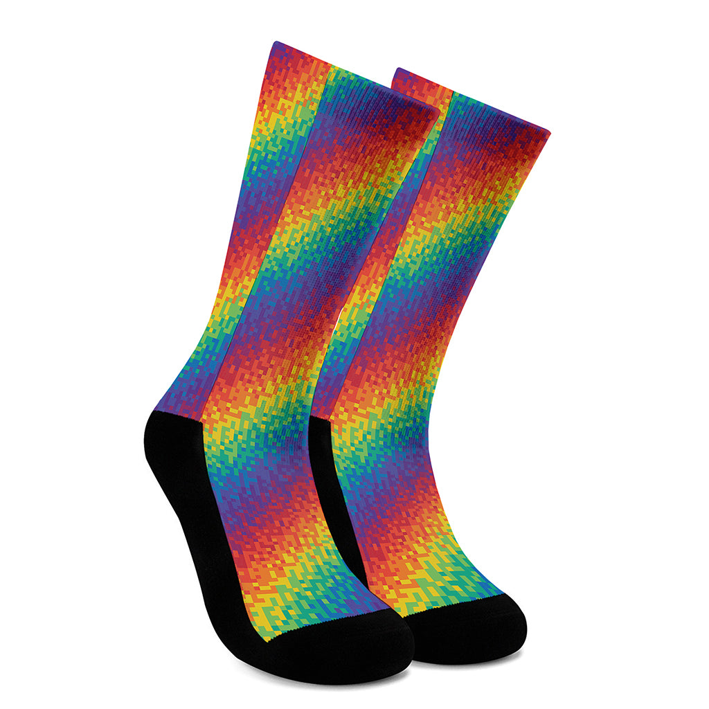 Pixel Rainbow Pattern Print Crew Socks