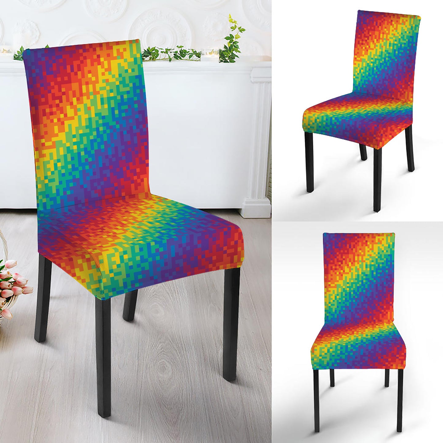 Pixel Rainbow Pattern Print Dining Chair Slipcover