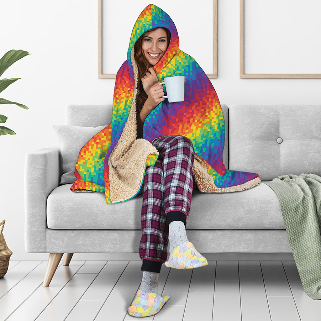 Pixel Rainbow Pattern Print Hooded Blanket