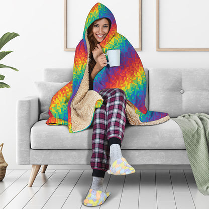 Pixel Rainbow Pattern Print Hooded Blanket