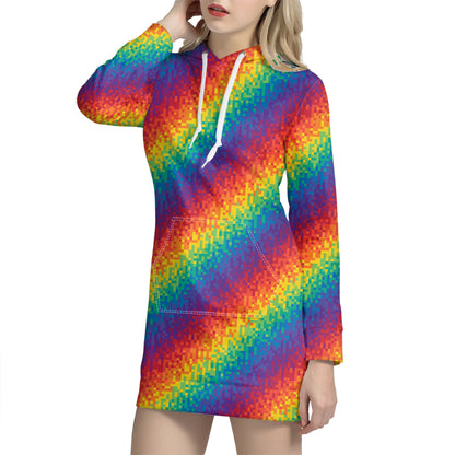 Pixel Rainbow Pattern Print Hoodie Dress