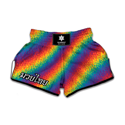 Pixel Rainbow Pattern Print Muay Thai Boxing Shorts
