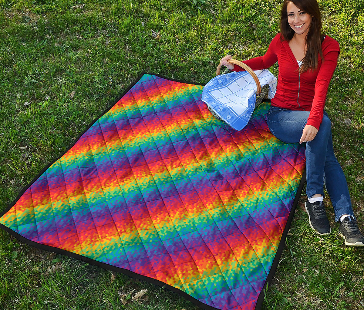 Pixel Rainbow Pattern Print Quilt