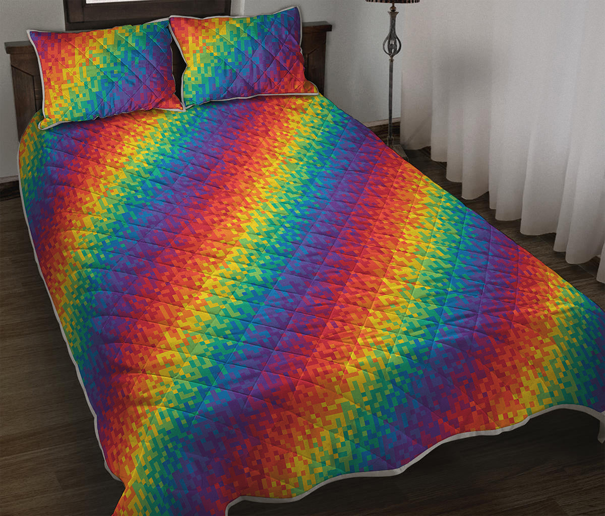 Pixel Rainbow Pattern Print Quilt Bed Set
