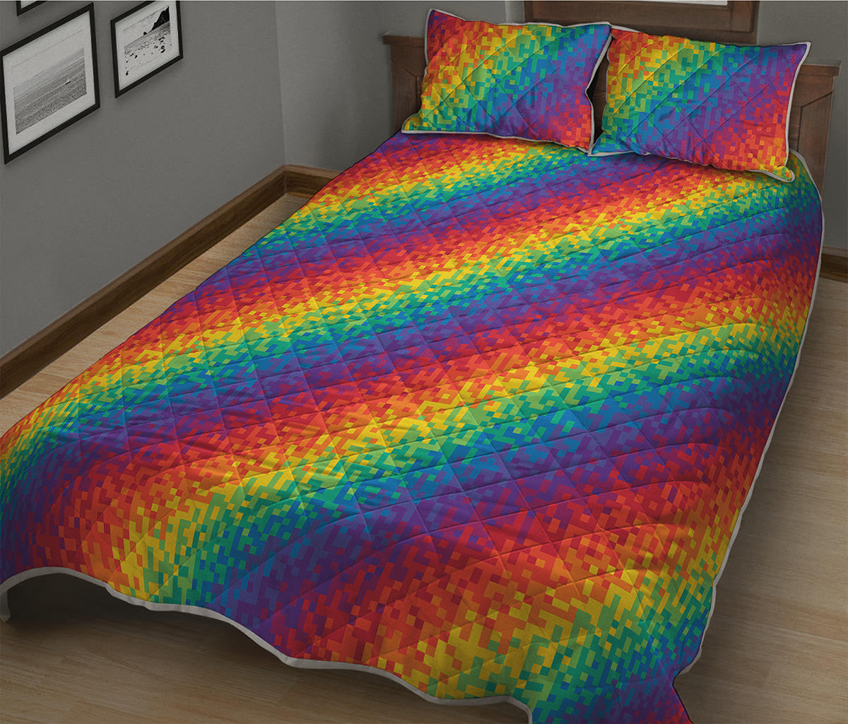Pixel Rainbow Pattern Print Quilt Bed Set