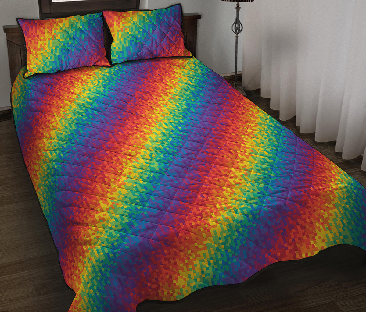 Pixel Rainbow Pattern Print Quilt Bed Set