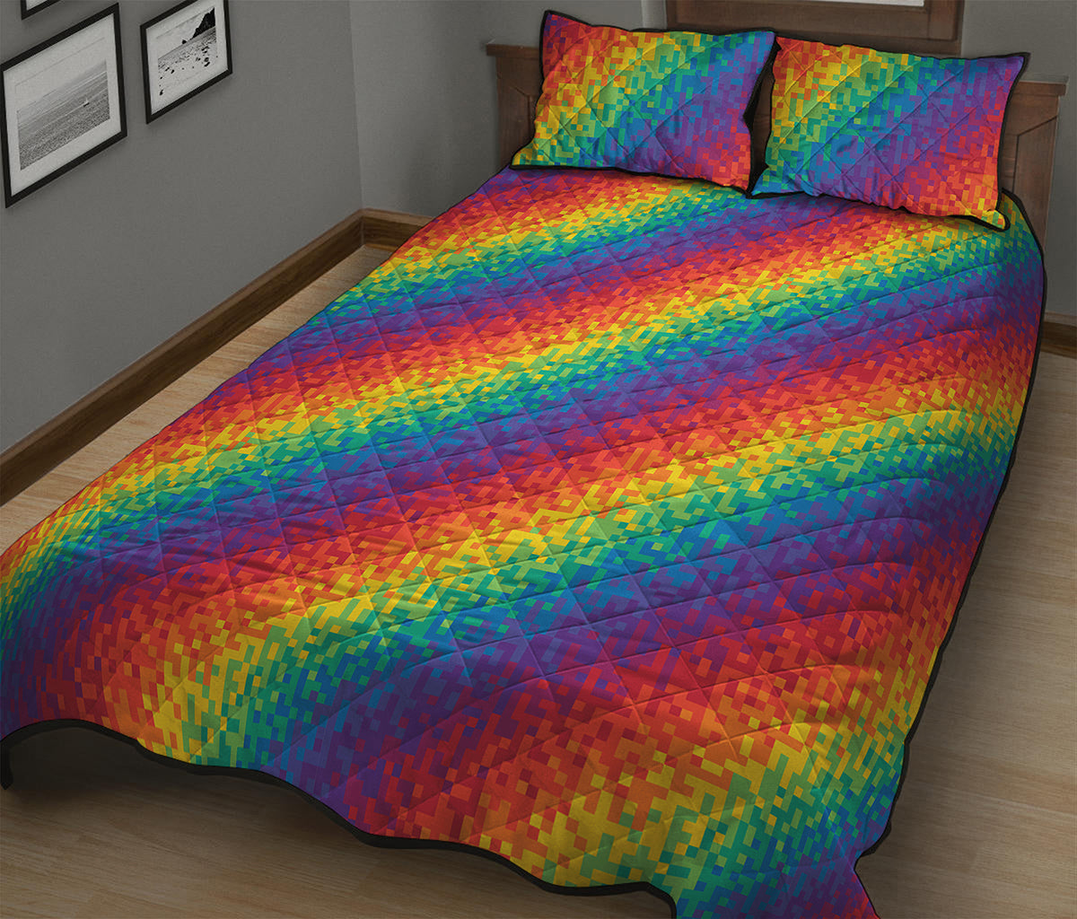Pixel Rainbow Pattern Print Quilt Bed Set