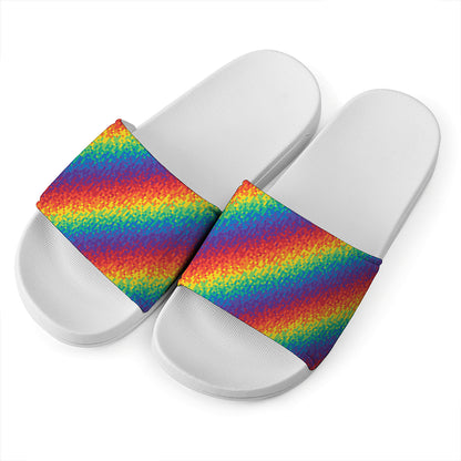 Pixel Rainbow Pattern Print White Slide Sandals