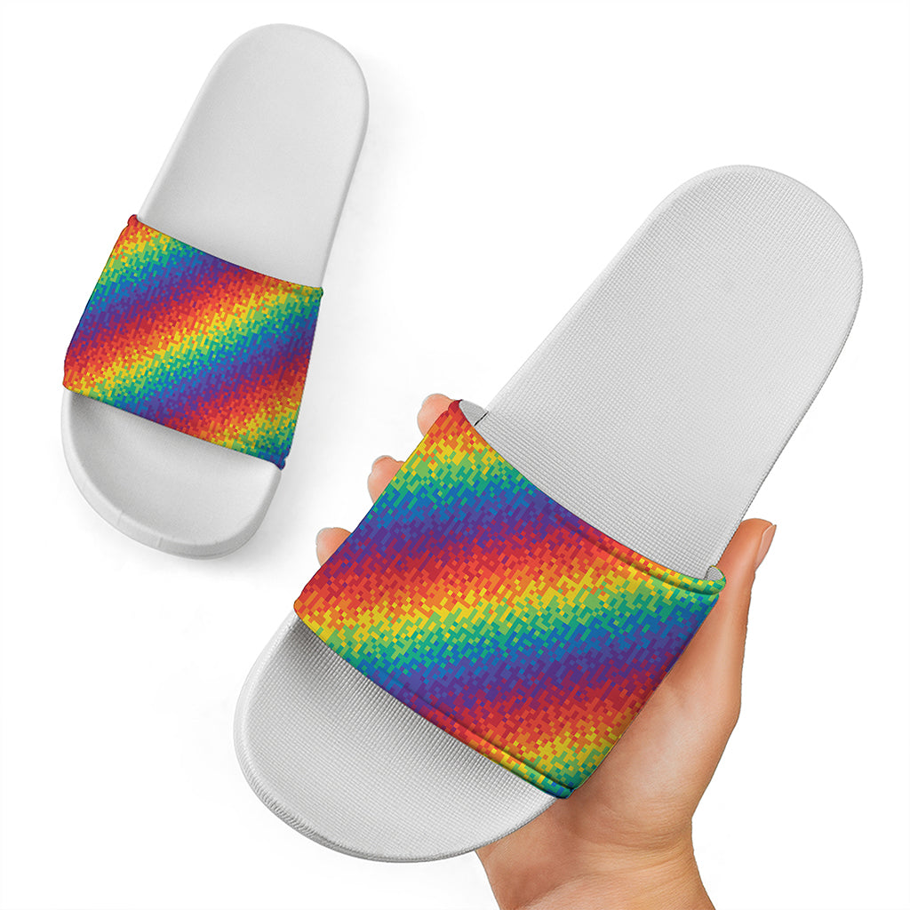 Pixel Rainbow Pattern Print White Slide Sandals