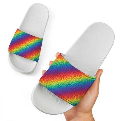 Pixel Rainbow Pattern Print White Slide Sandals