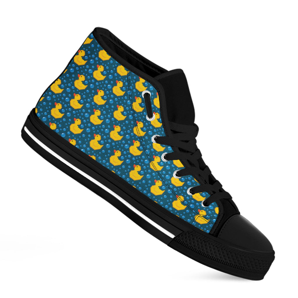 Pixel Rubber Duck Pattern Print Black High Top Shoes