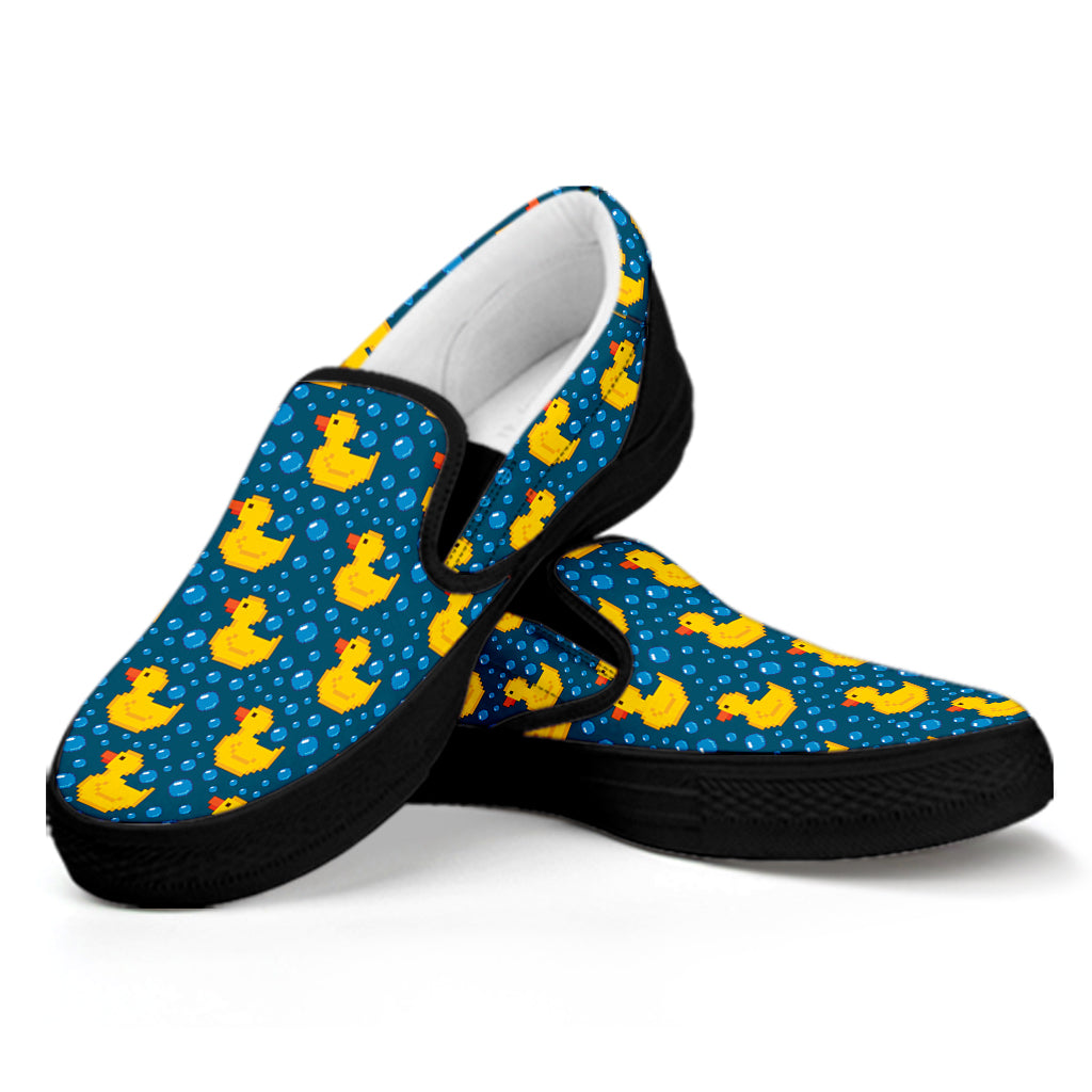 Pixel Rubber Duck Pattern Print Black Slip On Shoes