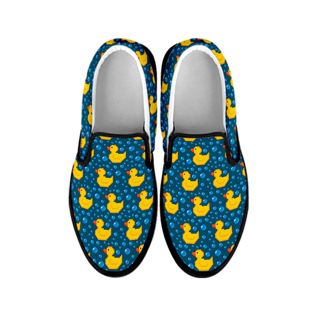 Pixel Rubber Duck Pattern Print Black Slip On Shoes