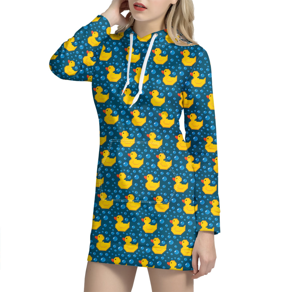 Pixel Rubber Duck Pattern Print Hoodie Dress