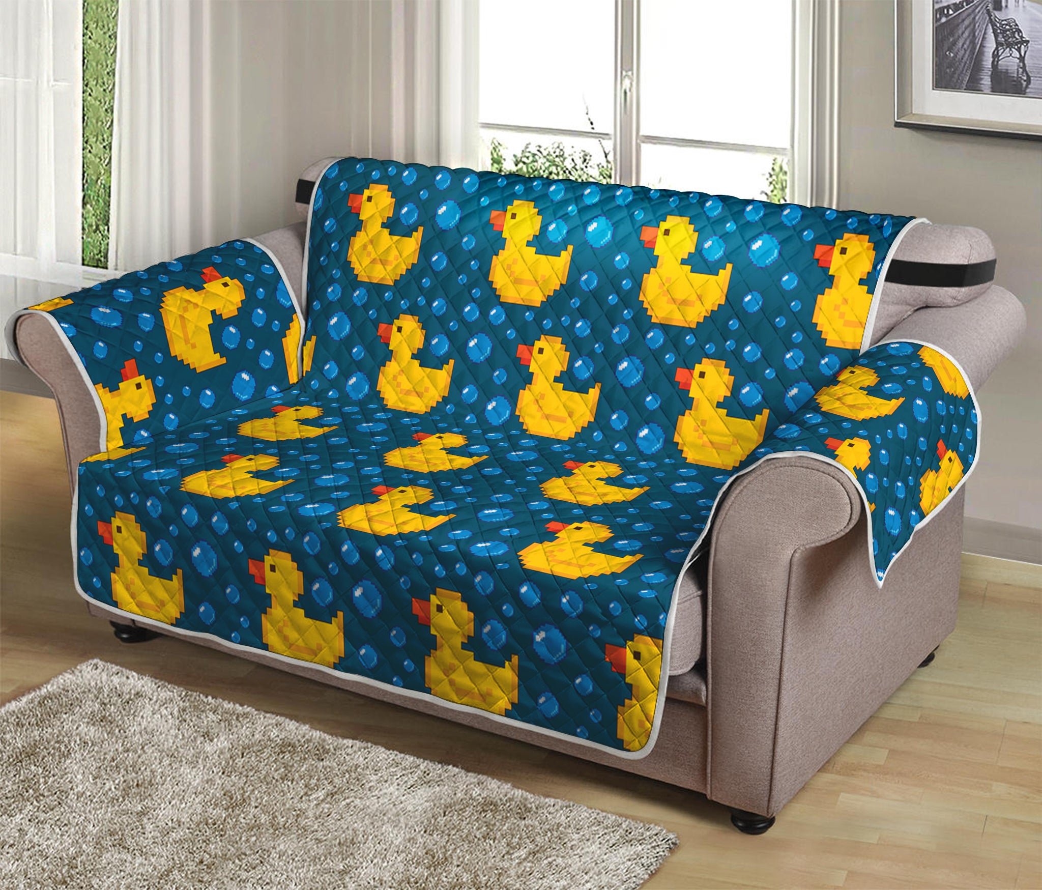 Pixel Rubber Duck Pattern Print Loveseat Protector