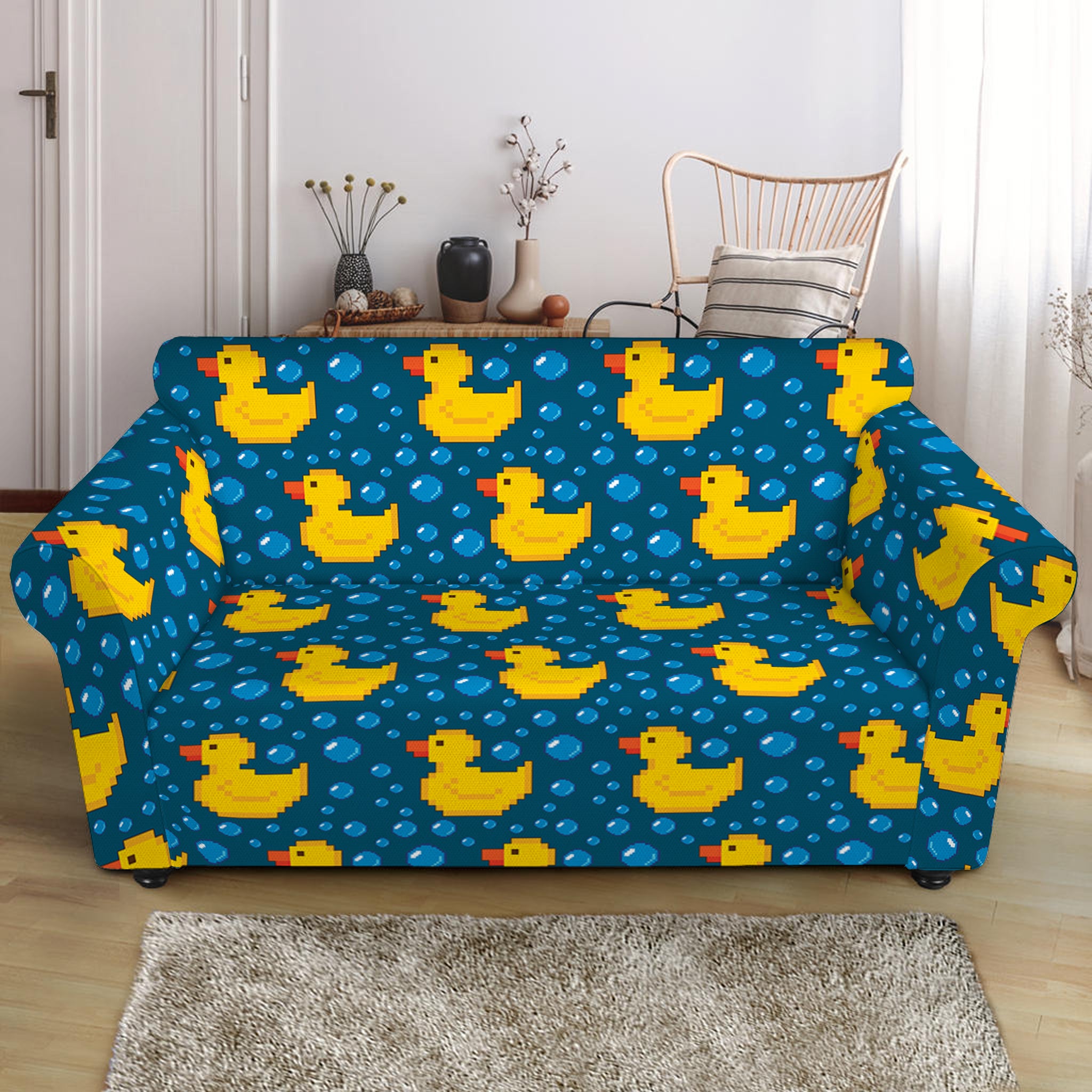 Pixel Rubber Duck Pattern Print Loveseat Slipcover