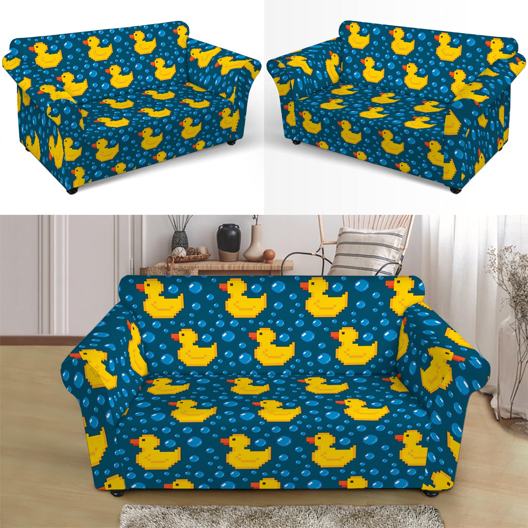 Pixel Rubber Duck Pattern Print Loveseat Slipcover